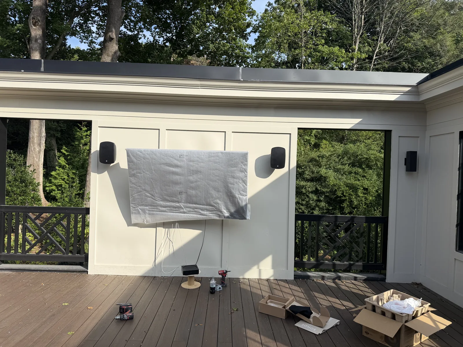 Outdoor speakers on a finished porch