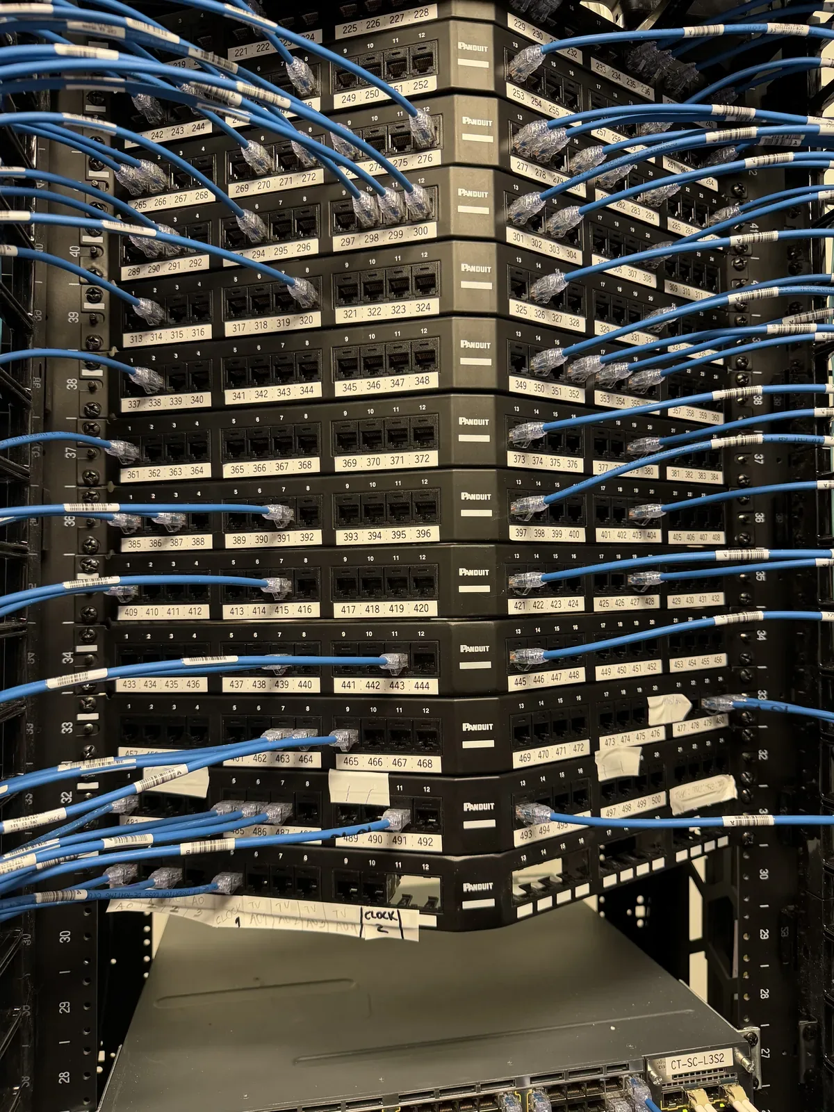 Network rack with blue patch cables